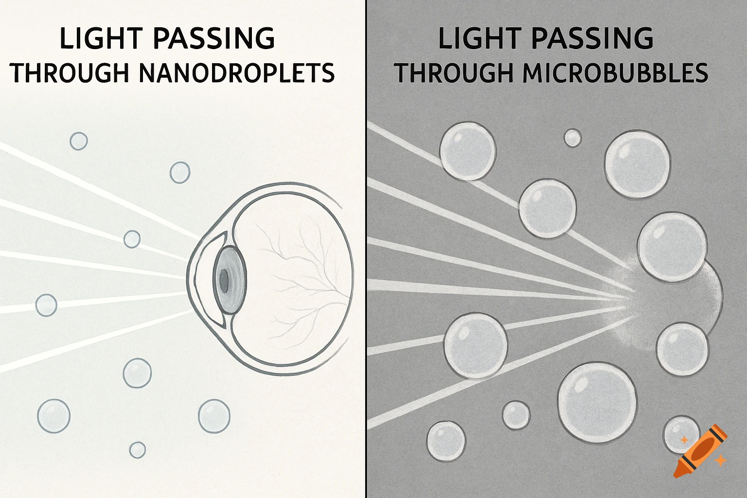 A scientific illustration comparing light passing through nanodroplets, showing clear vision through an eyeball, and light scattering through microbubbles.