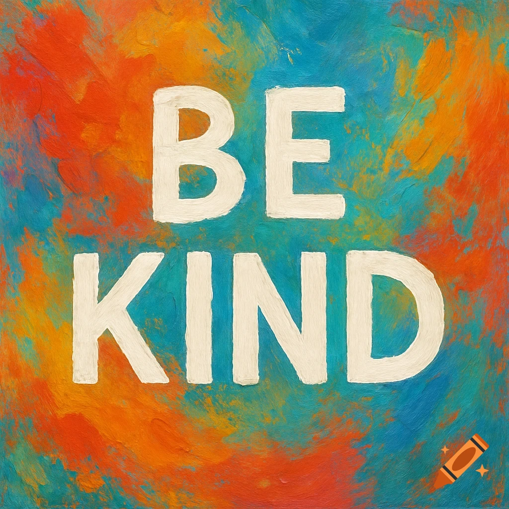 White text "BE KIND" on a vibrant, abstract background with orange, blue, and green paint strokes.