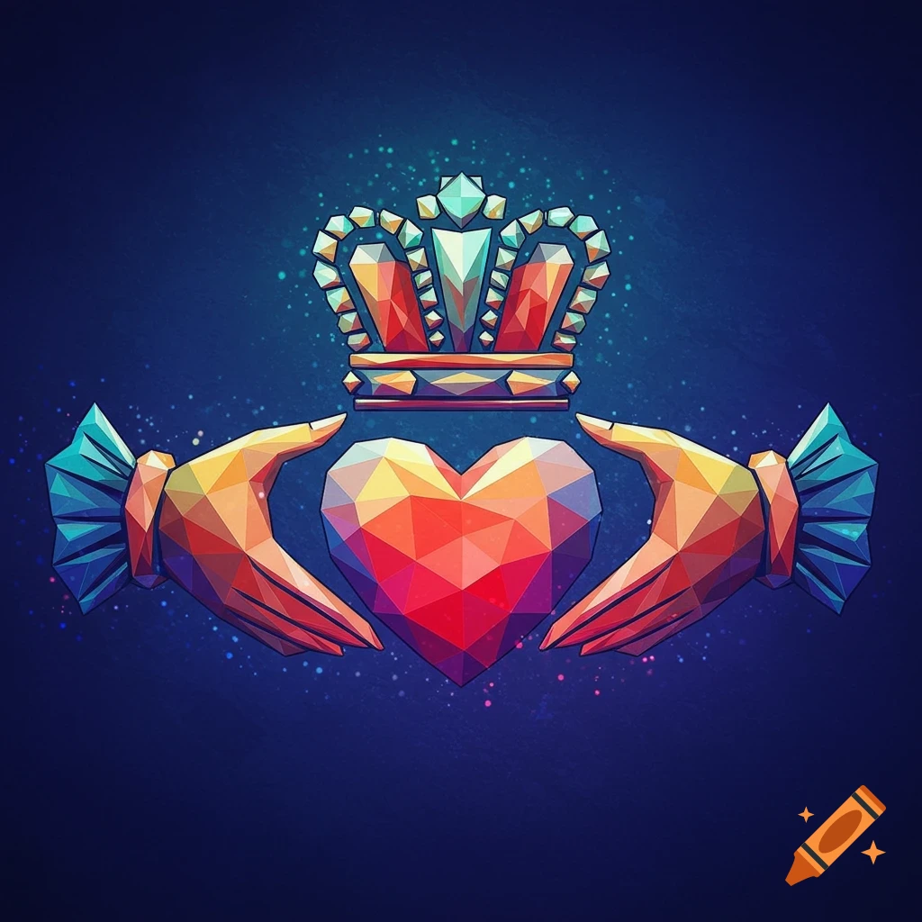 Geometric Claddagh symbol with hands, heart, and crown