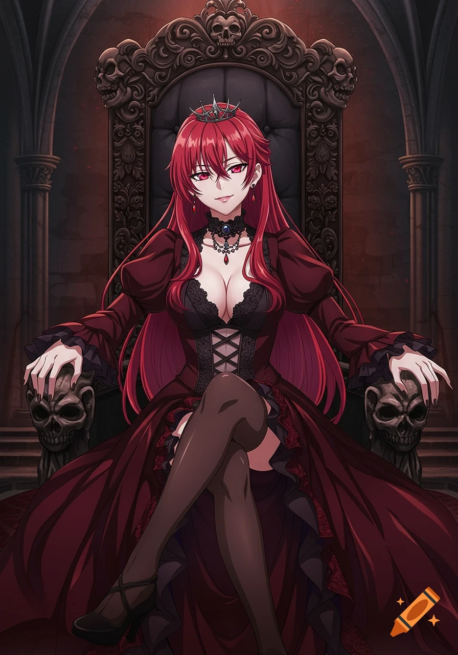 An anime vampiress with long red hair sits on a dark throne decorated with skulls in a gothic setting.