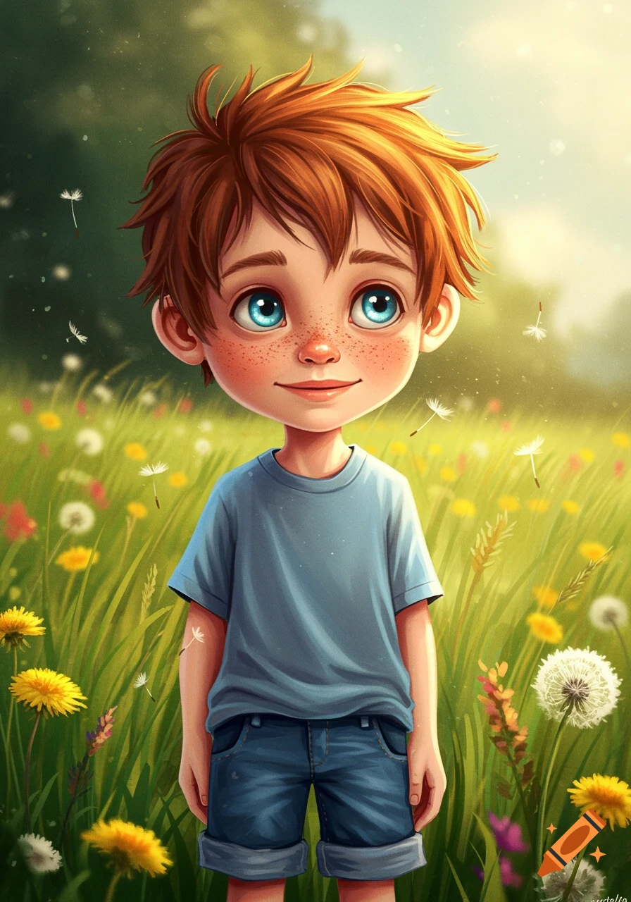 A cartoon boy with red hair and freckles stands in a sunny field of flowers and grass.