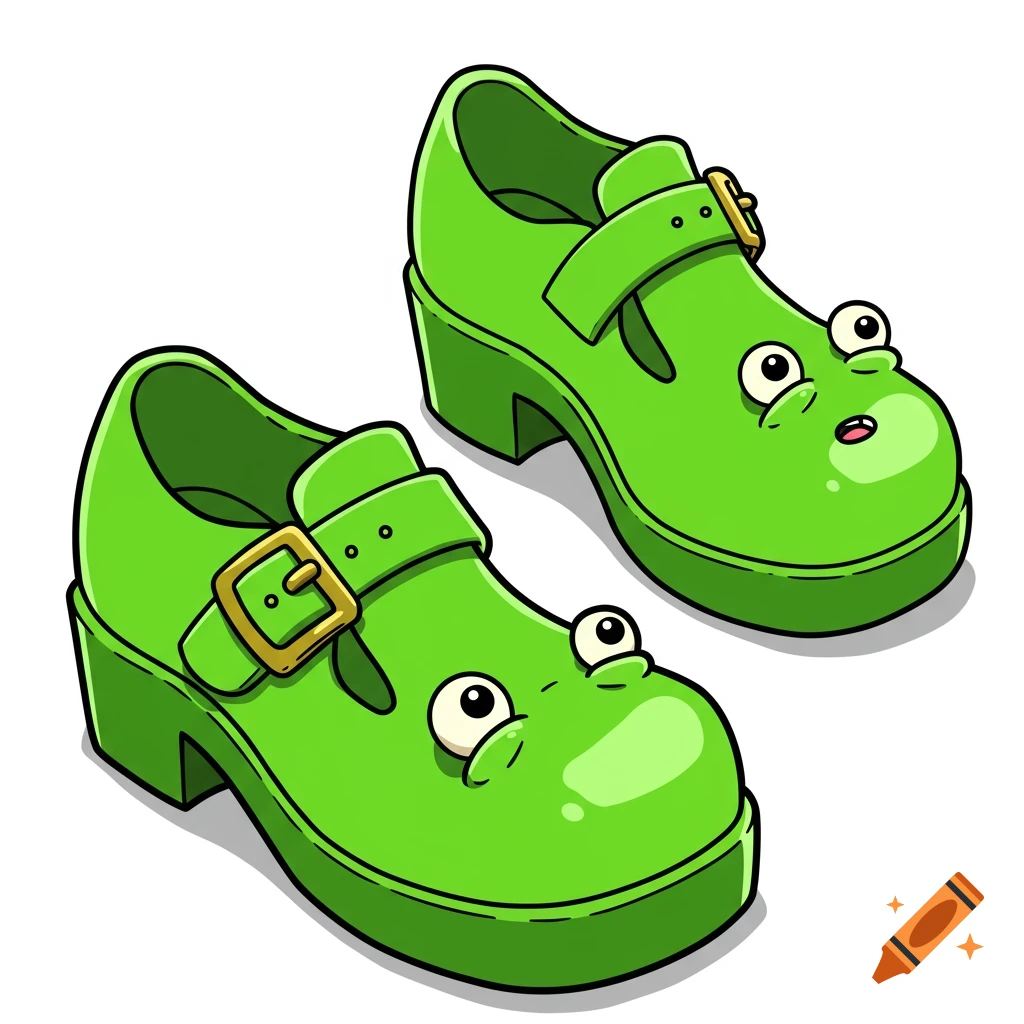 Two cartoon green shoes with large eyes and small mouths, resembling frogs, stand on a white background.