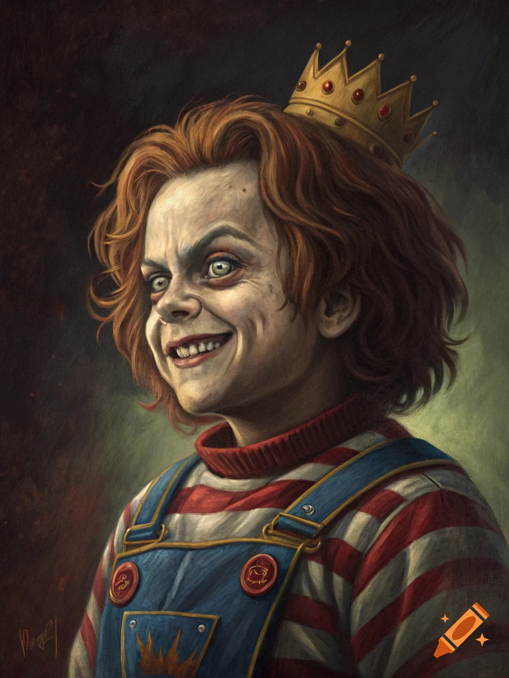 A creepy figure with red hair and pale skin, wearing a striped shirt, blue overalls, and a golden crown, smiles unsettlingly.