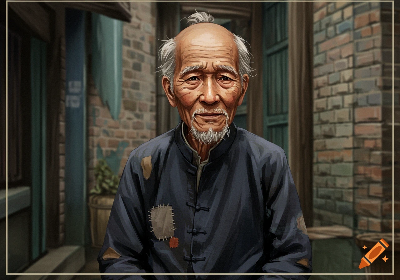An old Chinese man with a white beard and topknot, wearing a patched blue traditional robe, against a brick wall. Digital painting.