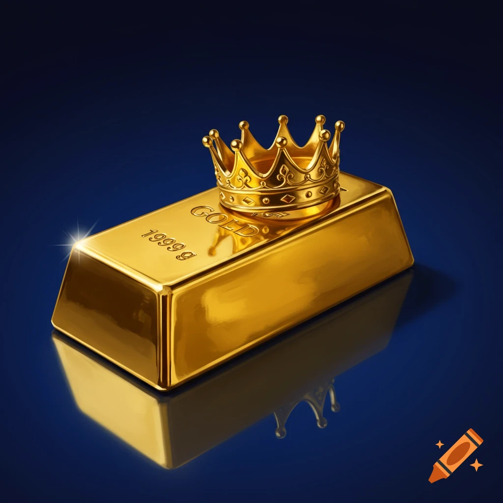 A shiny gold bullion bar with a golden crown resting on top, set against a deep blue background with reflections.