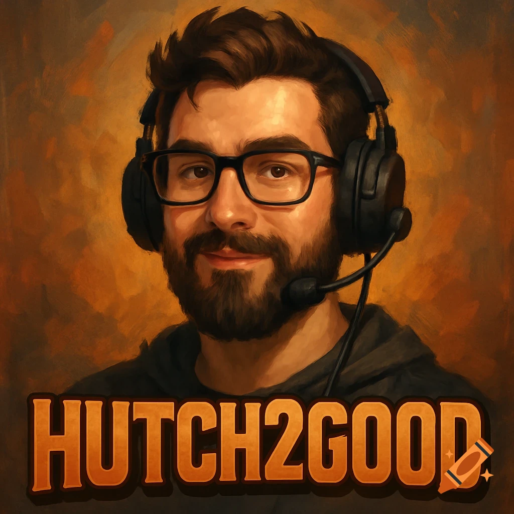 Portrait of a man with glasses and headphones with a microphone, in a painterly style, with the text HUTCH2GOOD below.