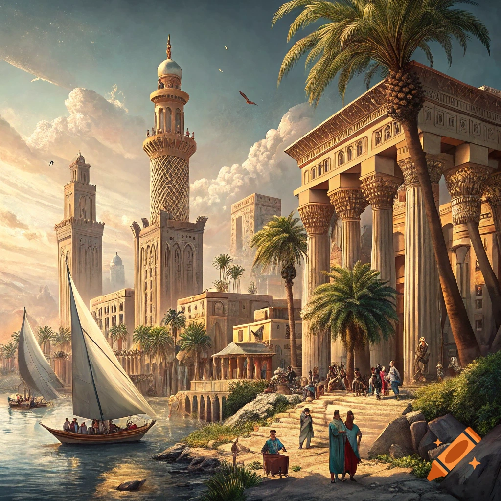 A fantasy ancient city with tall minarets, temples, palm trees, people, and sailboats on the water under a cloudy sky, digital art.