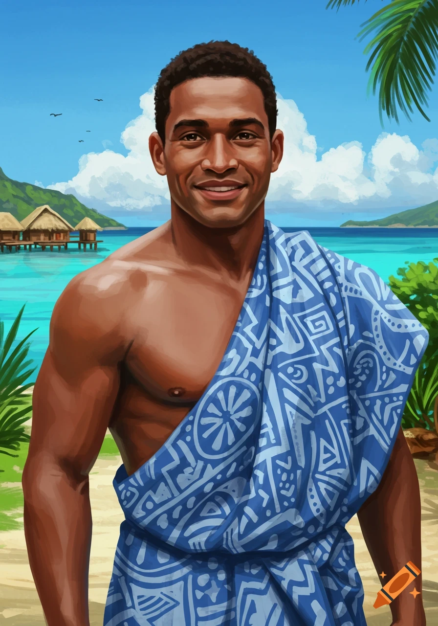 An illustration of a smiling Fijian man wrapped in a blue patterned cloth, standing on a tropical beach with overwater bungalows in the background.