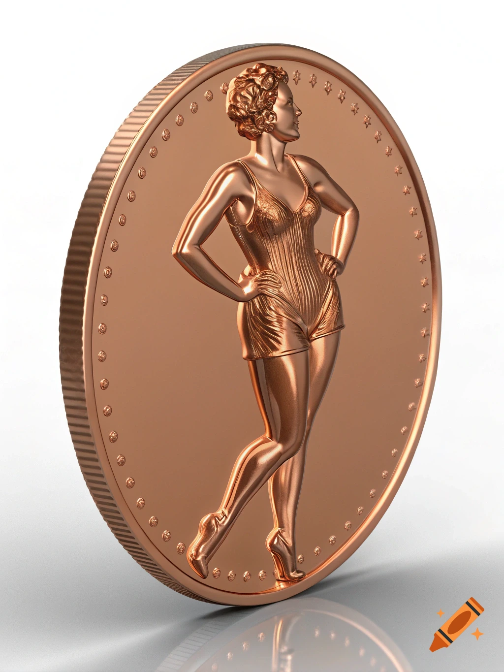 A photorealistic 3D render of a copper penny featuring an embossed curvy woman in a retro swimsuit.