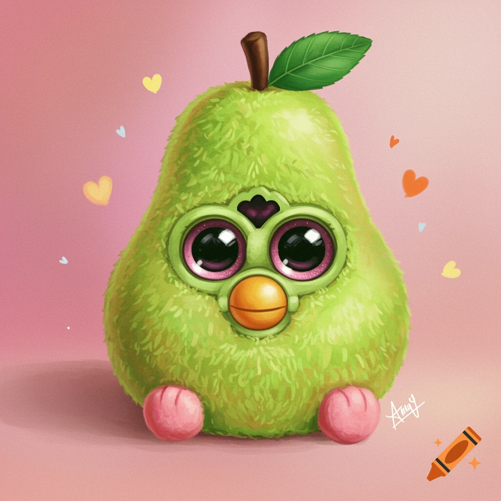 A cute, fuzzy, pear-shaped creature with large purple eyes and pink feet, resembling a Furby, on a pink background with hearts.