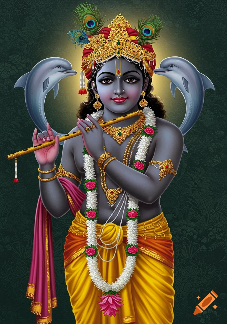 Illustration of Krishna playing a flute, adorned with jewelry, peacock feathers, garlands, and two dolphins.