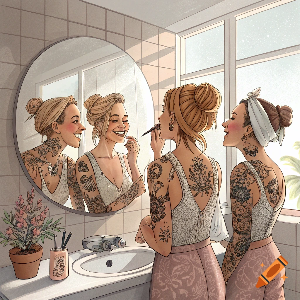 Two smiling women with tattoos in a bathroom, one applying makeup in the mirror, in an illustrated style.