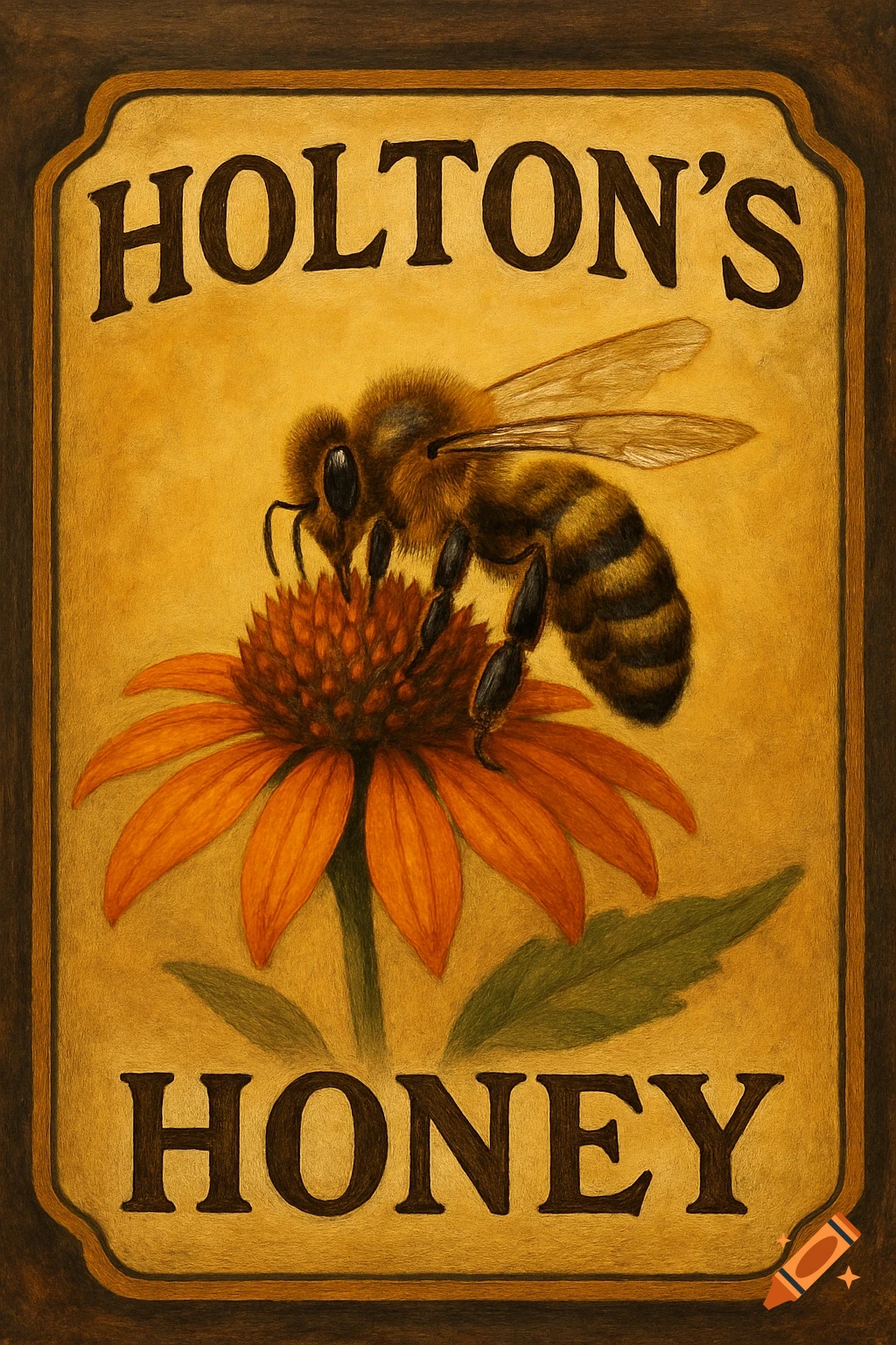 A vintage-style honey label featuring a detailed illustration of a bee on an orange coneflower, with 'Holton's Honey' text.