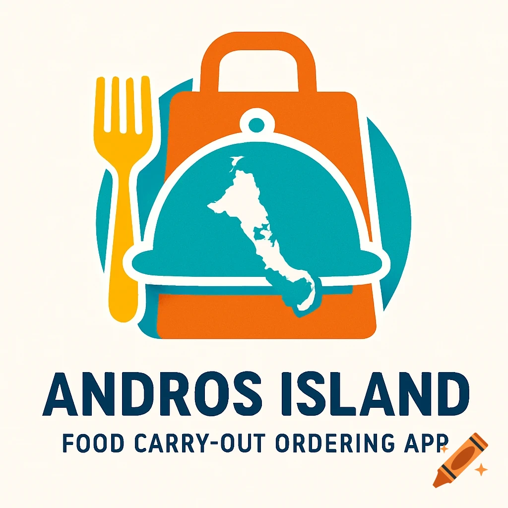 Logo for 'Andros Island Food Carry-Out Ordering App' featuring an orange shopping bag, a yellow fork, a teal serving cloche with a white map of Andros Island, against a cream background.