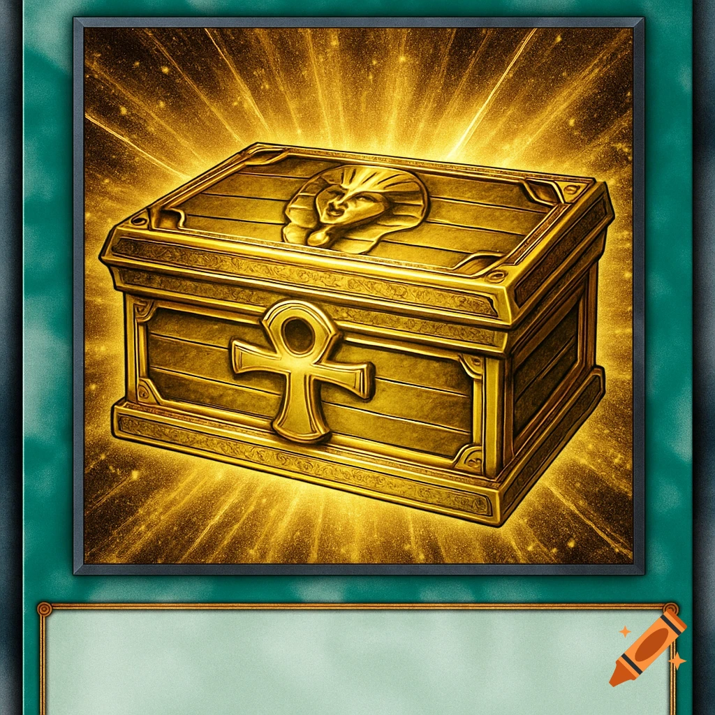 A gleaming gold sarcophagus, shaped like a treasure chest with an ankh and pharaoh's head emblem, radiating golden light on a dark background.