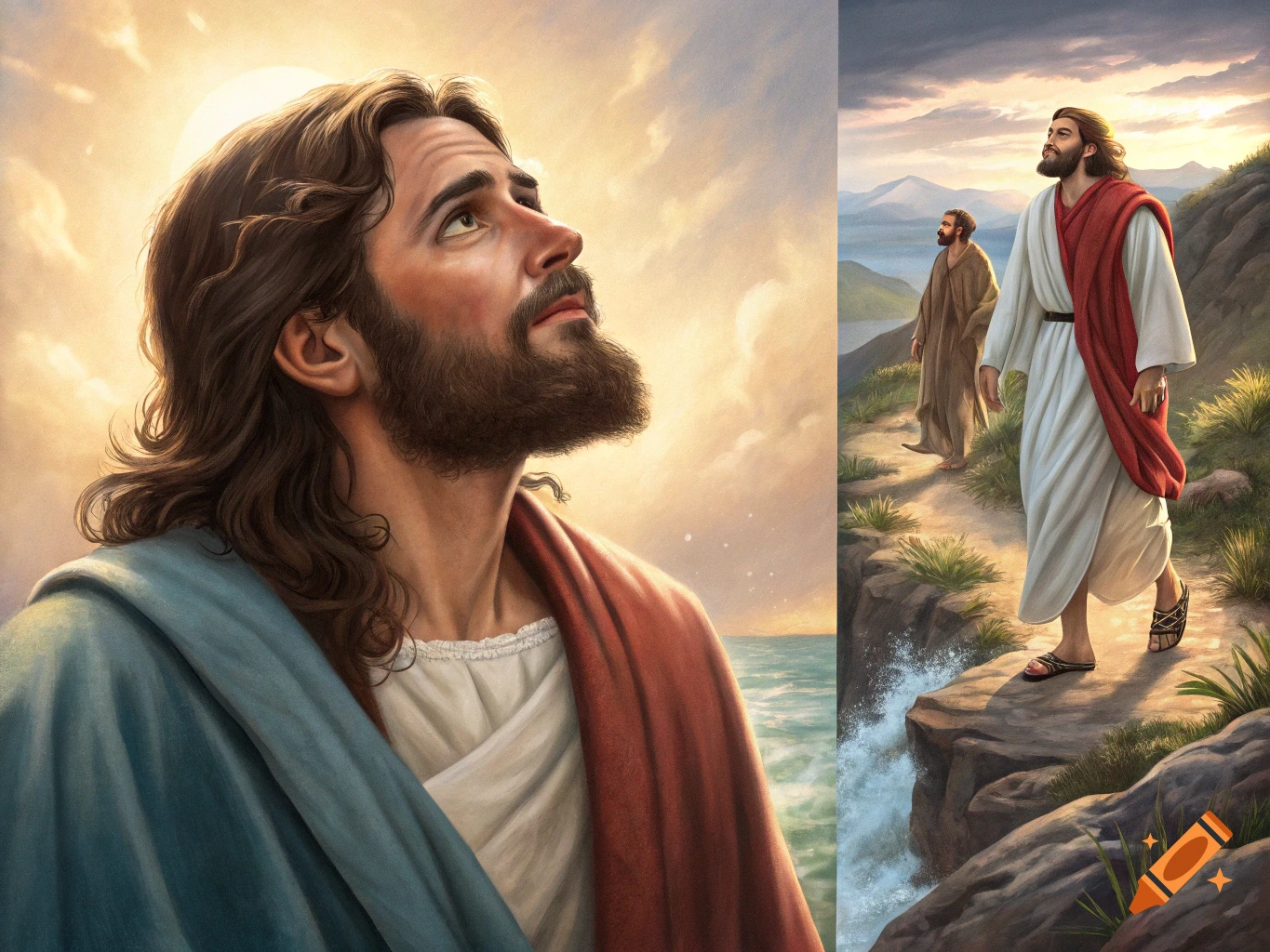 Painting of Jesus and a follower walking on a rocky path by the sea under a bright sky, Jesus looks upward.