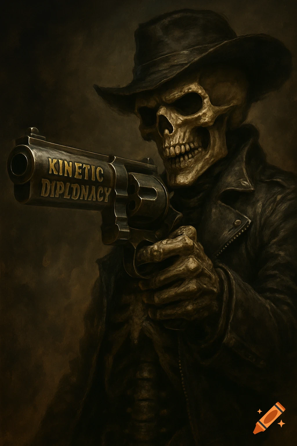 A sinister skeleton in a fedora and coat points a revolver with 'Kinetic Diplomacy' on its barrel, in a dark, gritty style.