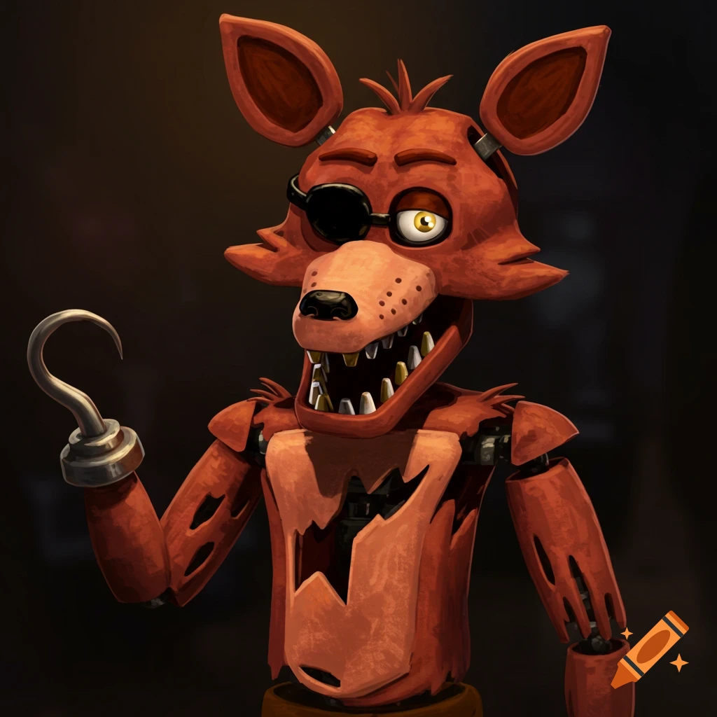 Close-up portrait of Foxy the Pirate Fox from Five Nights at Freddy's, an animatronic fox with eyepatch and hook.
