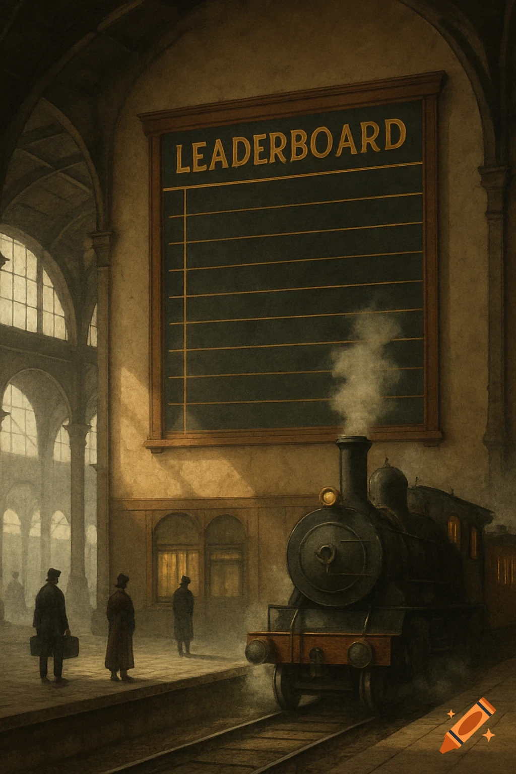 A vintage-style painting of a bustling train station with a large "LEADERBOARD" sign on the wall and a steam train emitting smoke.
