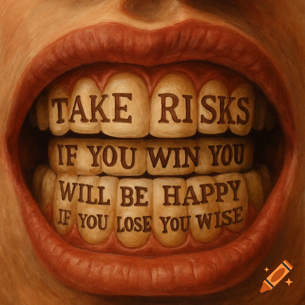 Painting of a mouth with 'TAKE RISKS IF YOU WIN YOU WILL BE HAPPY IF YOU LOSE YOU WISE' written on the teeth