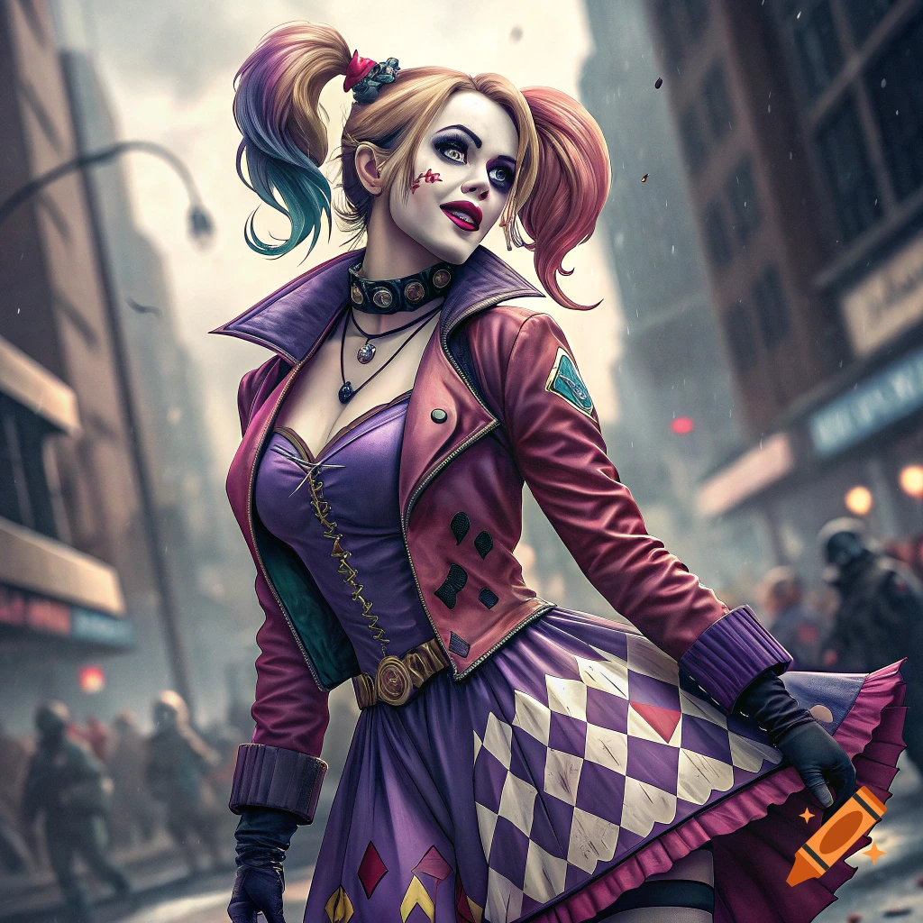 Woman dressed as Harley Quinn in a purple and red jester outfit stands in a city street.