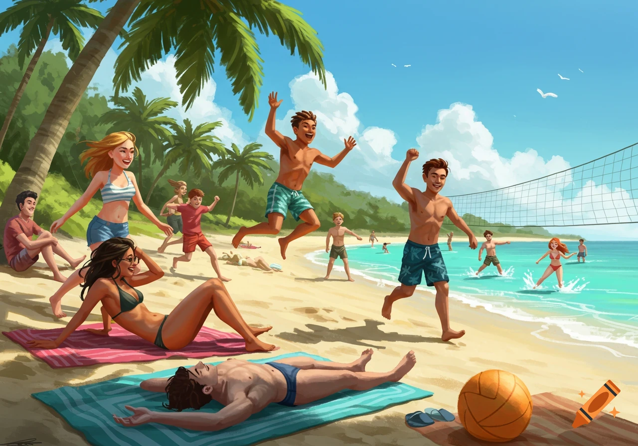 Illustration of people playing volleyball and relaxing on a sunny beach under palm trees.
