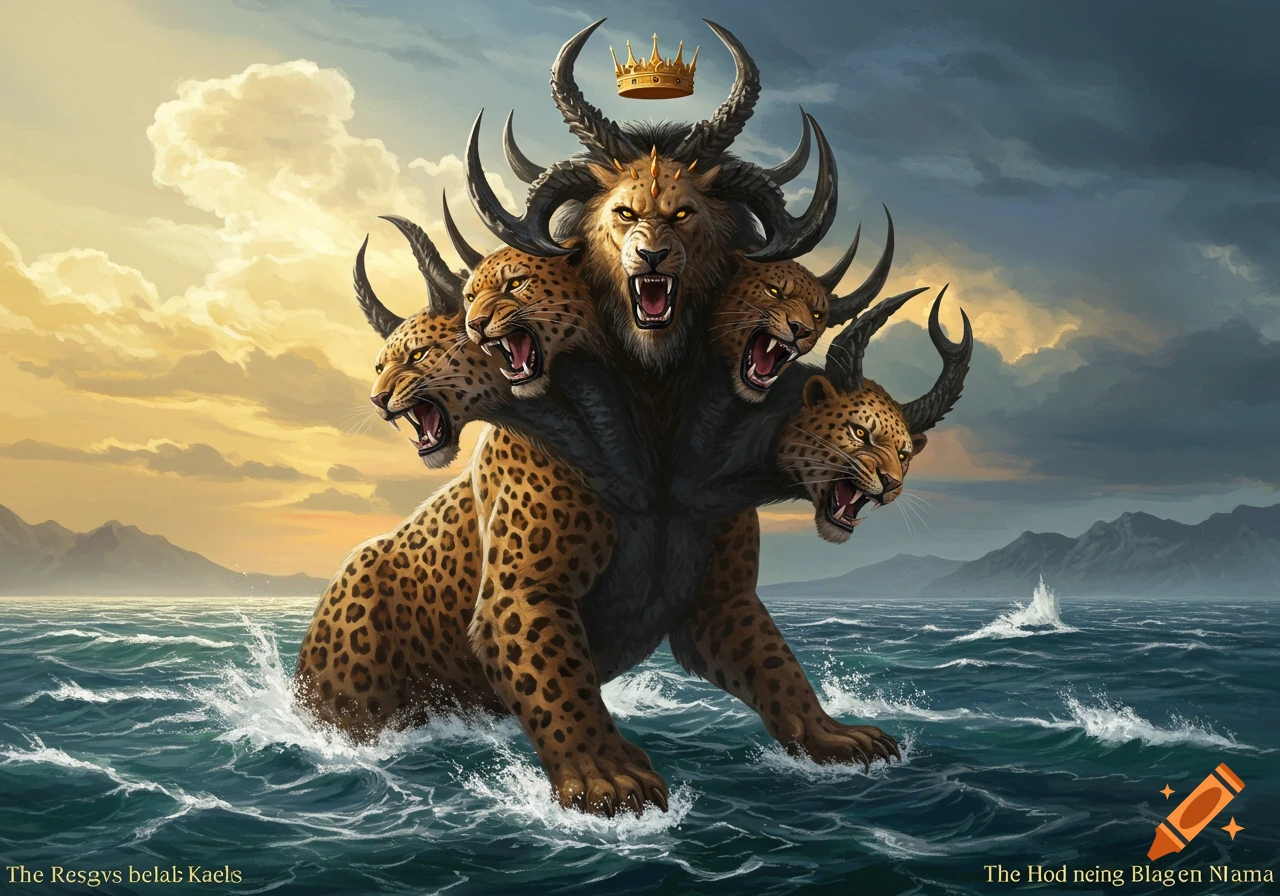 A monstrous leopard-like beast with seven heads, ten horns, and a crown emerges from the stormy sea, roaring under a dramatic sky.