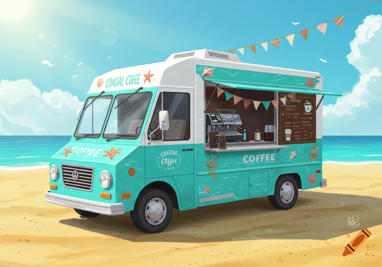 Illustration of a coffee truck parked on a sandy beach with the ocean and sky in the background.