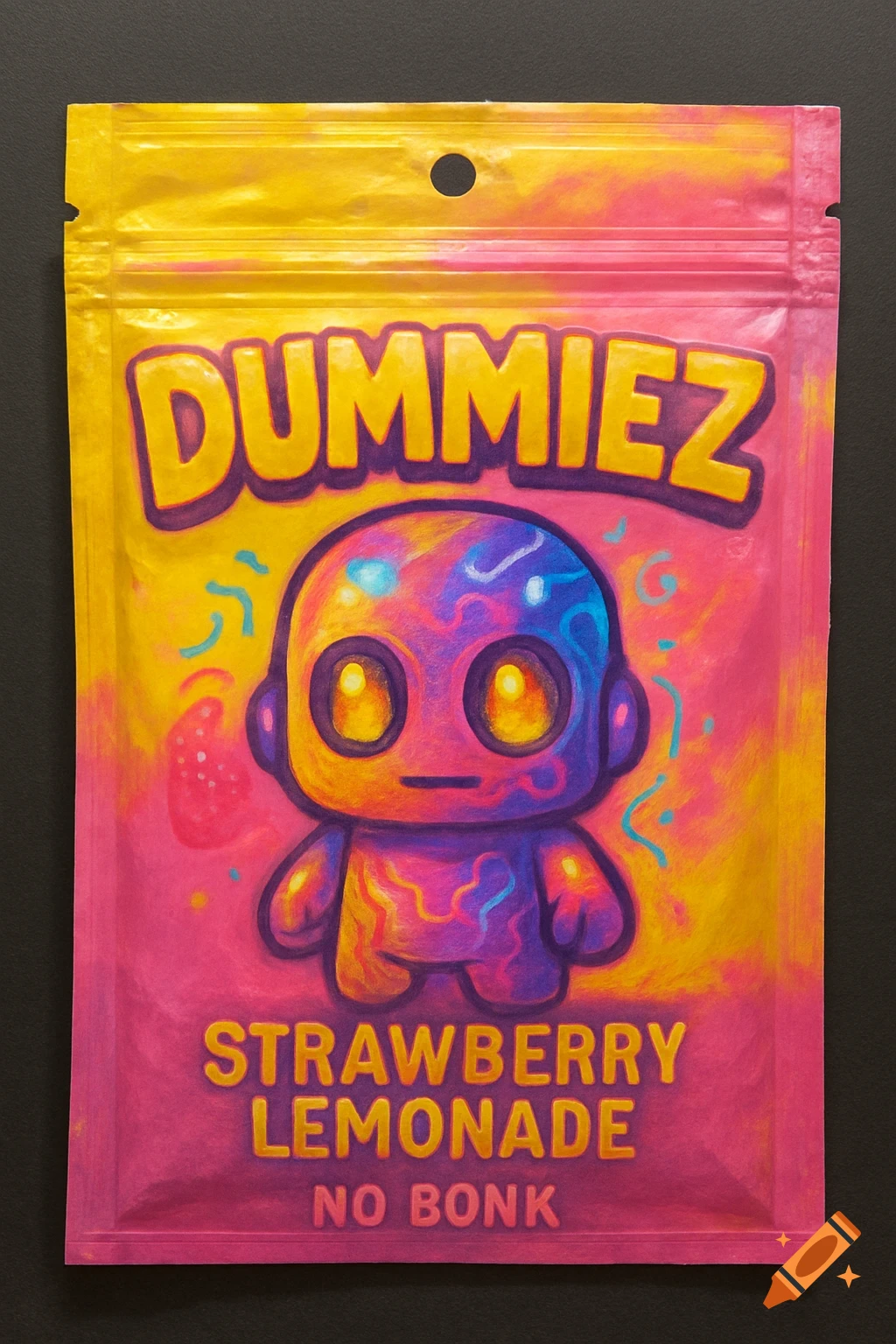 A vibrant pink and yellow resealable bag with a multi-colored cartoon character and text reading "DUMMIEZ", "STRAWBERRY LEMONADE", and "NO BONK".