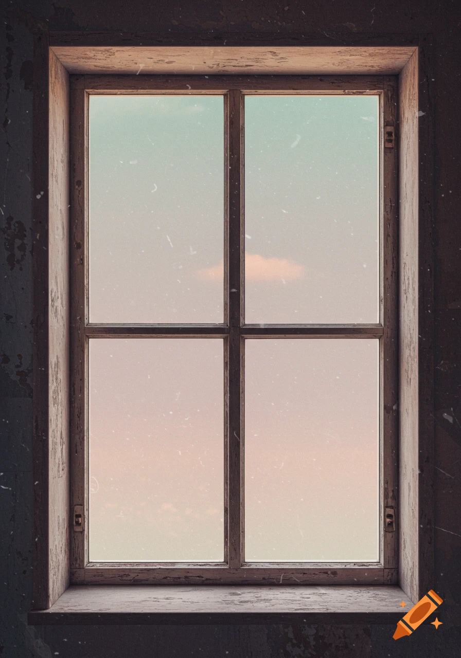 View through a dusty wooden window frame showing a pastel sky.