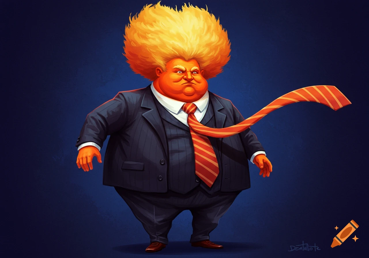 A cartoon caricature of a stout man with orange skin, wild yellow hair, and a long striped tie, wearing a pinstripe suit.