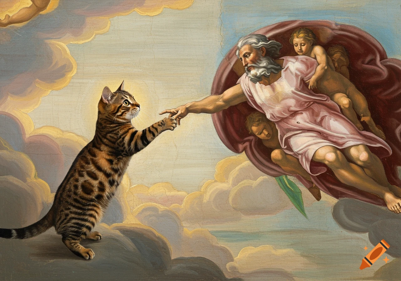 A Renaissance painting parody of The Creation of Adam, with God reaching out to touch the paw of a Siamese-Bengal cat on a cloud.