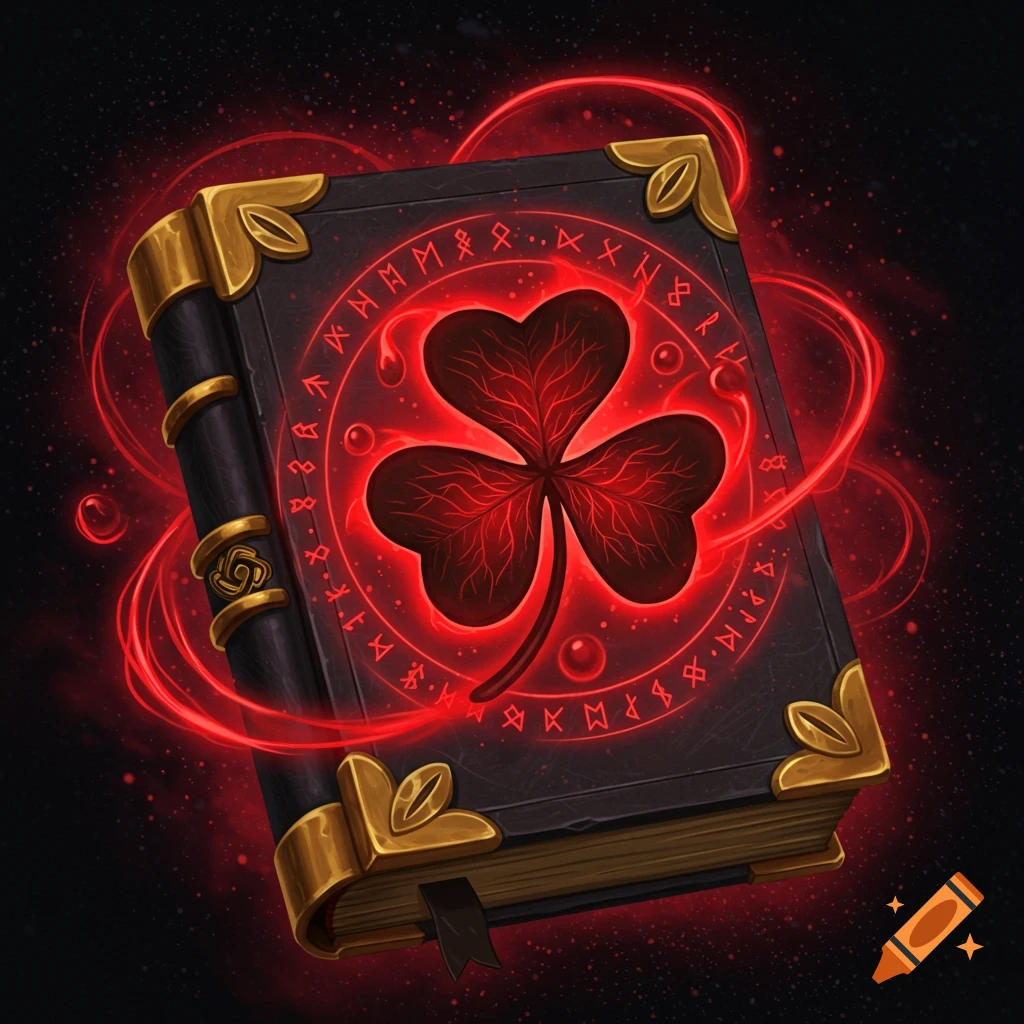 Dark fantasy book with gold accents, glowing red three-leaf clover symbol, and swirling red magic.