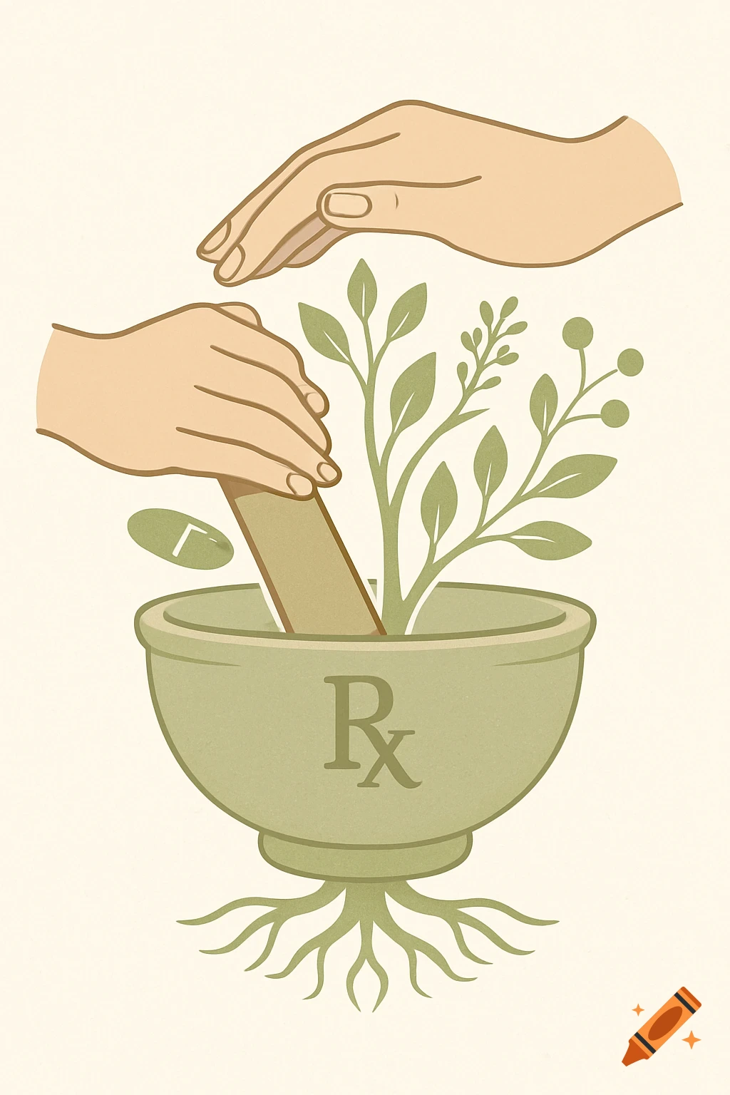 Stylized illustration of hands, a mortar and pestle with a plant, Rx symbol, and roots.