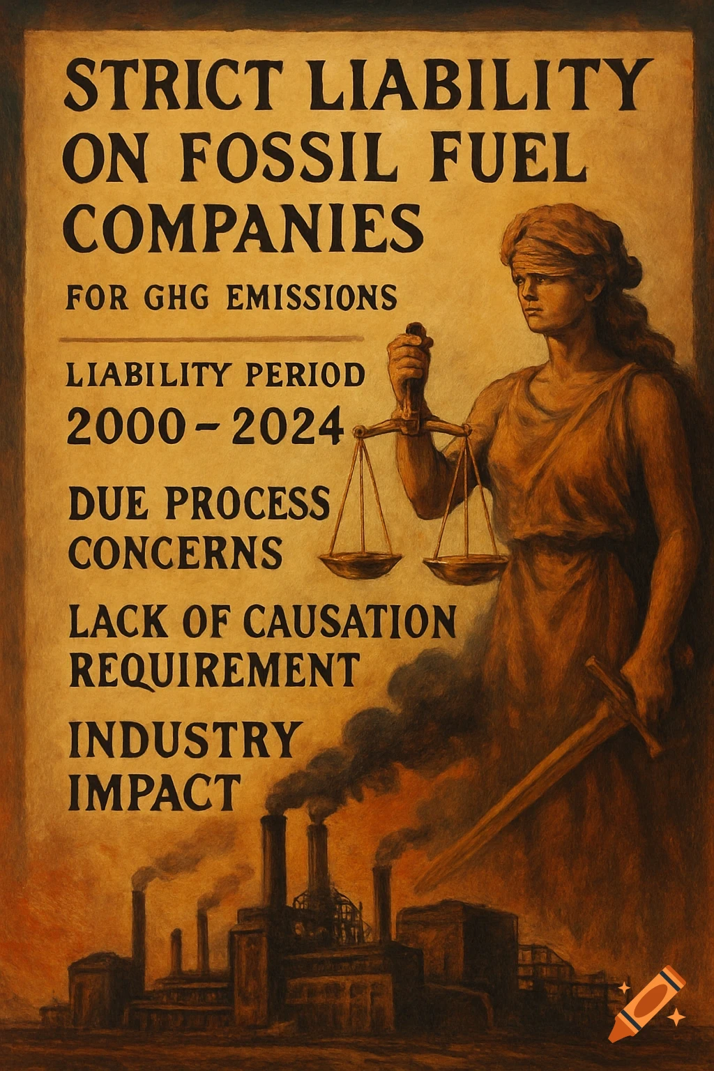 Artistic poster: Lady Justice with scales and sword, factory chimneys, and text on fossil fuel liability.