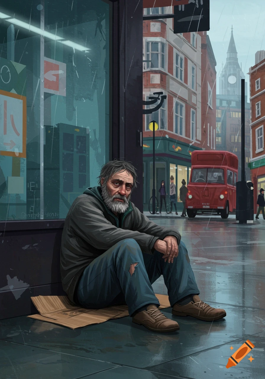 An old, bearded homeless man sits on cardboard on a rainy London street, with a red bus and Big Ben in the background, in an illustrative style.
