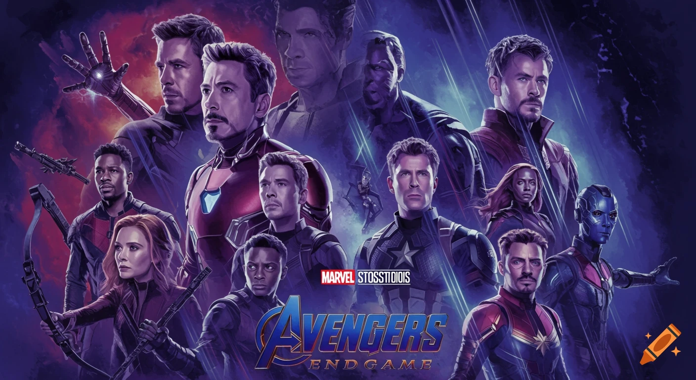 Poster featuring characters from Avengers: Endgame including Iron Man, Captain America, Thor, and others.