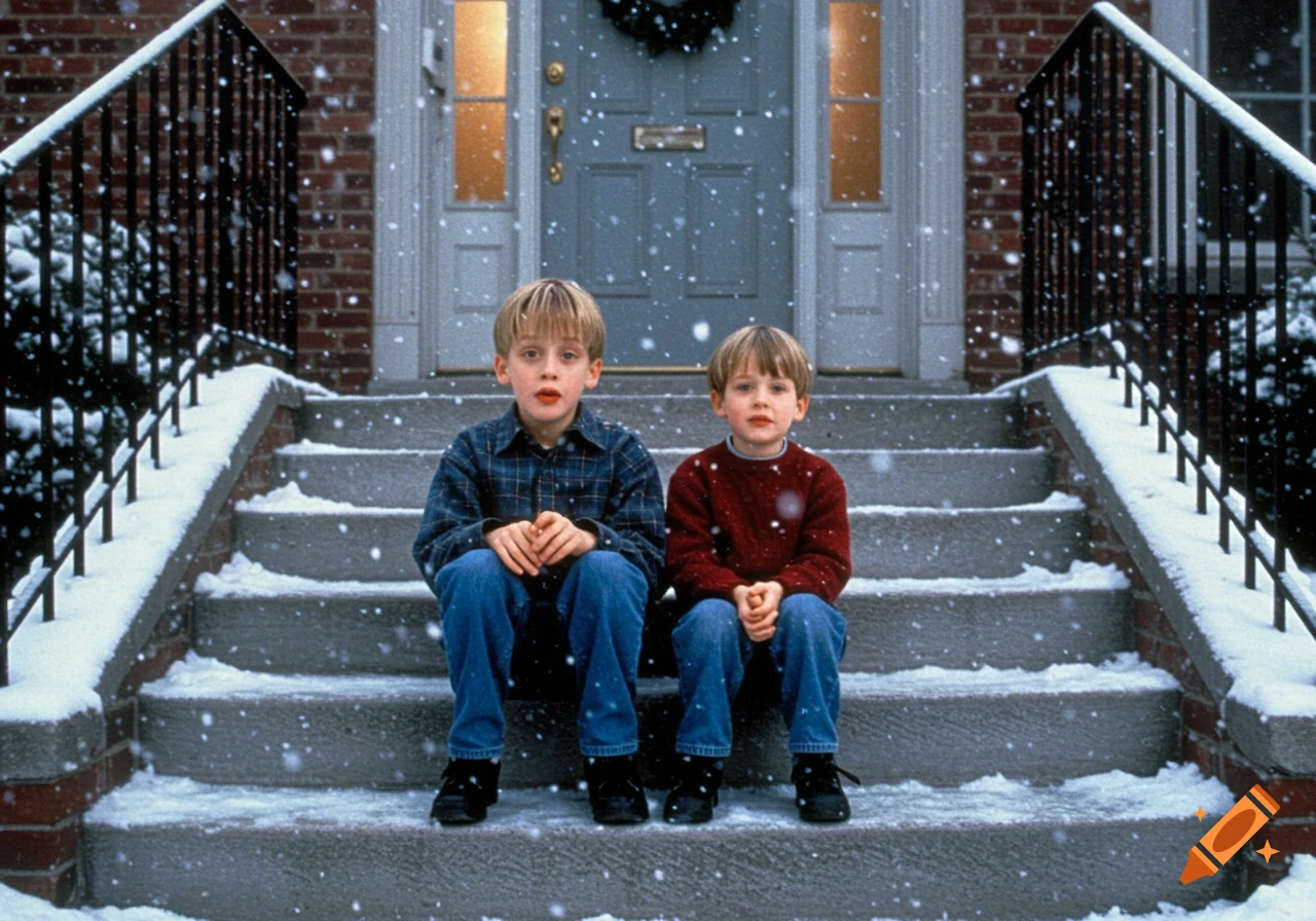 Two young boys, Kevin and a younger boy, sit on snow-covered steps in front of a brick house with a blue door as snowflakes fall.