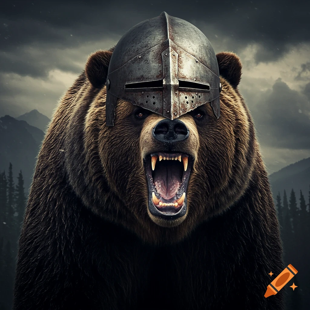 A fierce grizzly bear wearing a medieval helmet roars, standing against a dark, cloudy mountain landscape.