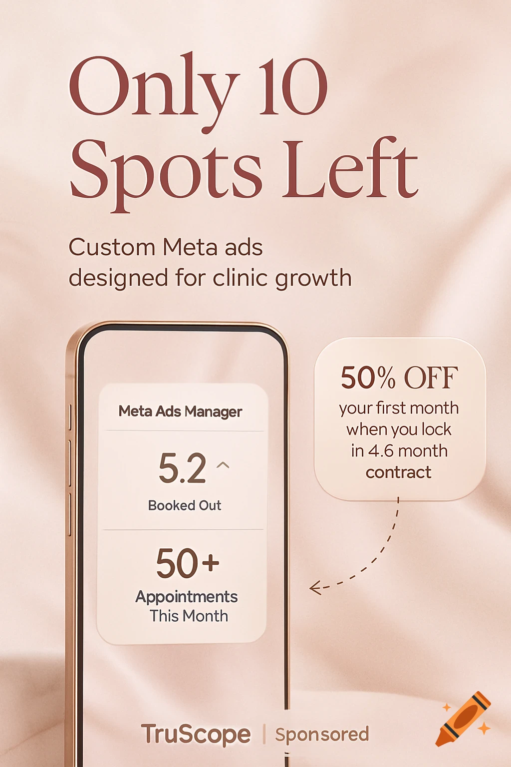 A beige-toned ad for Meta advertising services shows a smartphone with 'Meta Ads Manager' metrics like '5.2 Booked Out' and '50+ Appointments This Month'. Text reads 'Only 10 Spots Left' and 'Custom Meta ads designed for clinic growt'. A bubble offers '50% OFF your first month when you lock in 4.6 month contract'. 'TruScope | Sponsored' is at the bottom.