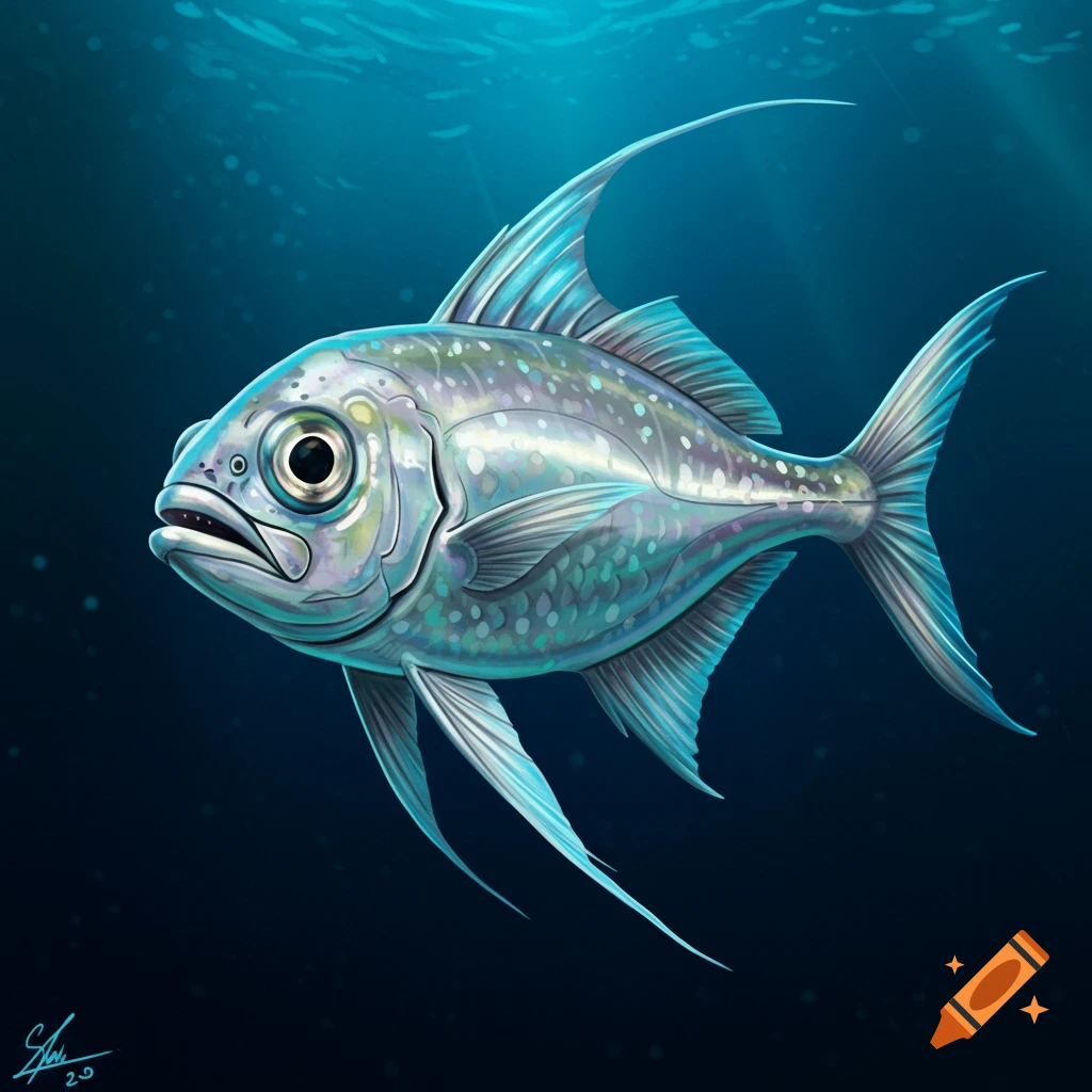 An iridescent satellite fish with long fins swims in dark blue water, with light rays from the surface.