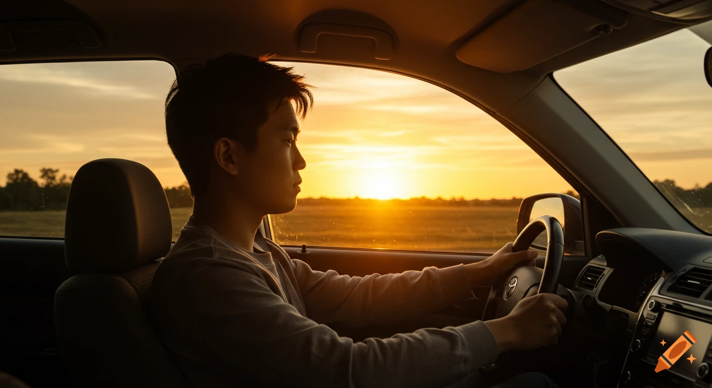Person driving a car during golden hour sunset