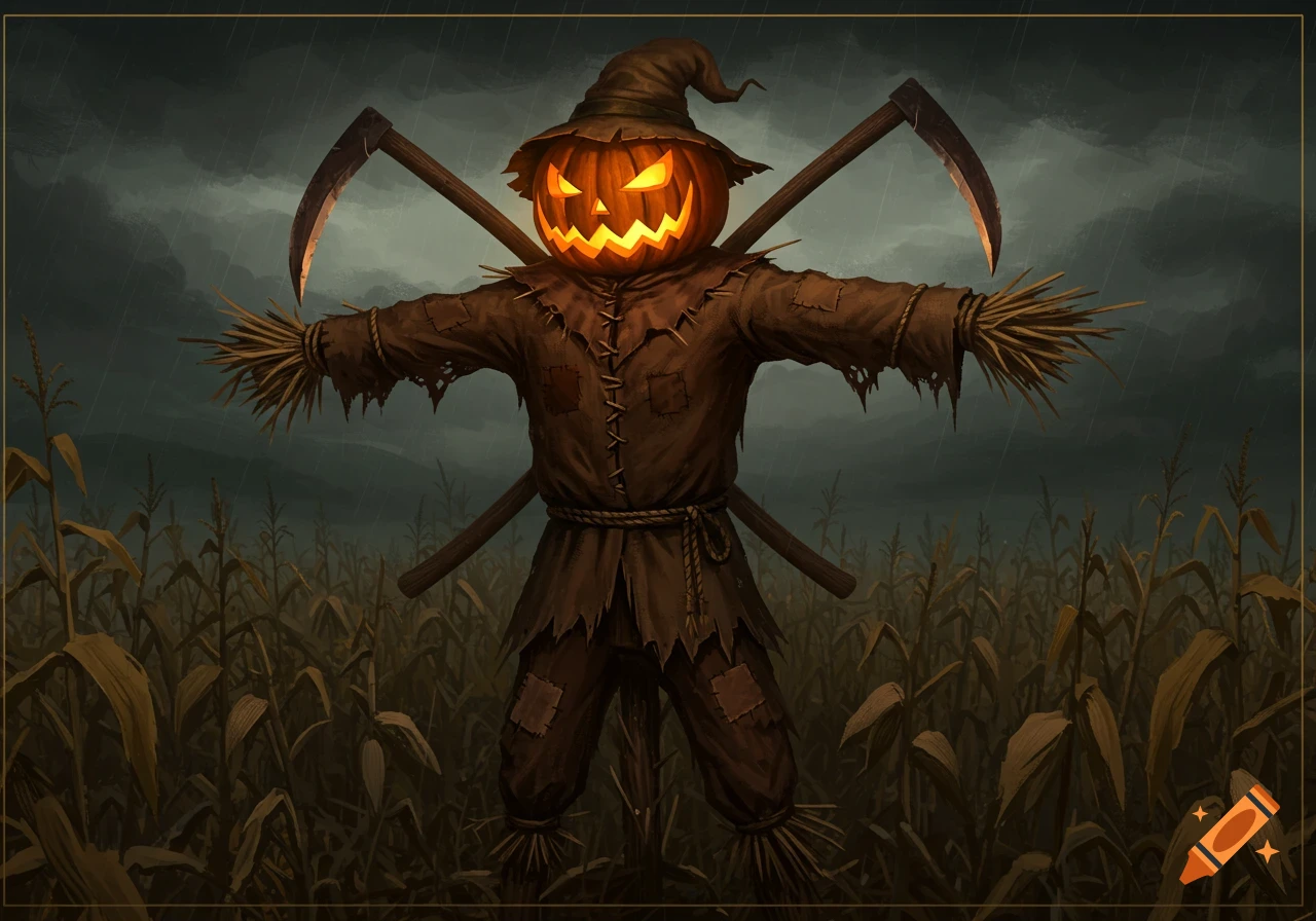 A dark fantasy illustration of a scarecrow with a glowing jack-o'-lantern head and crossed sickles in a stormy cornfield.