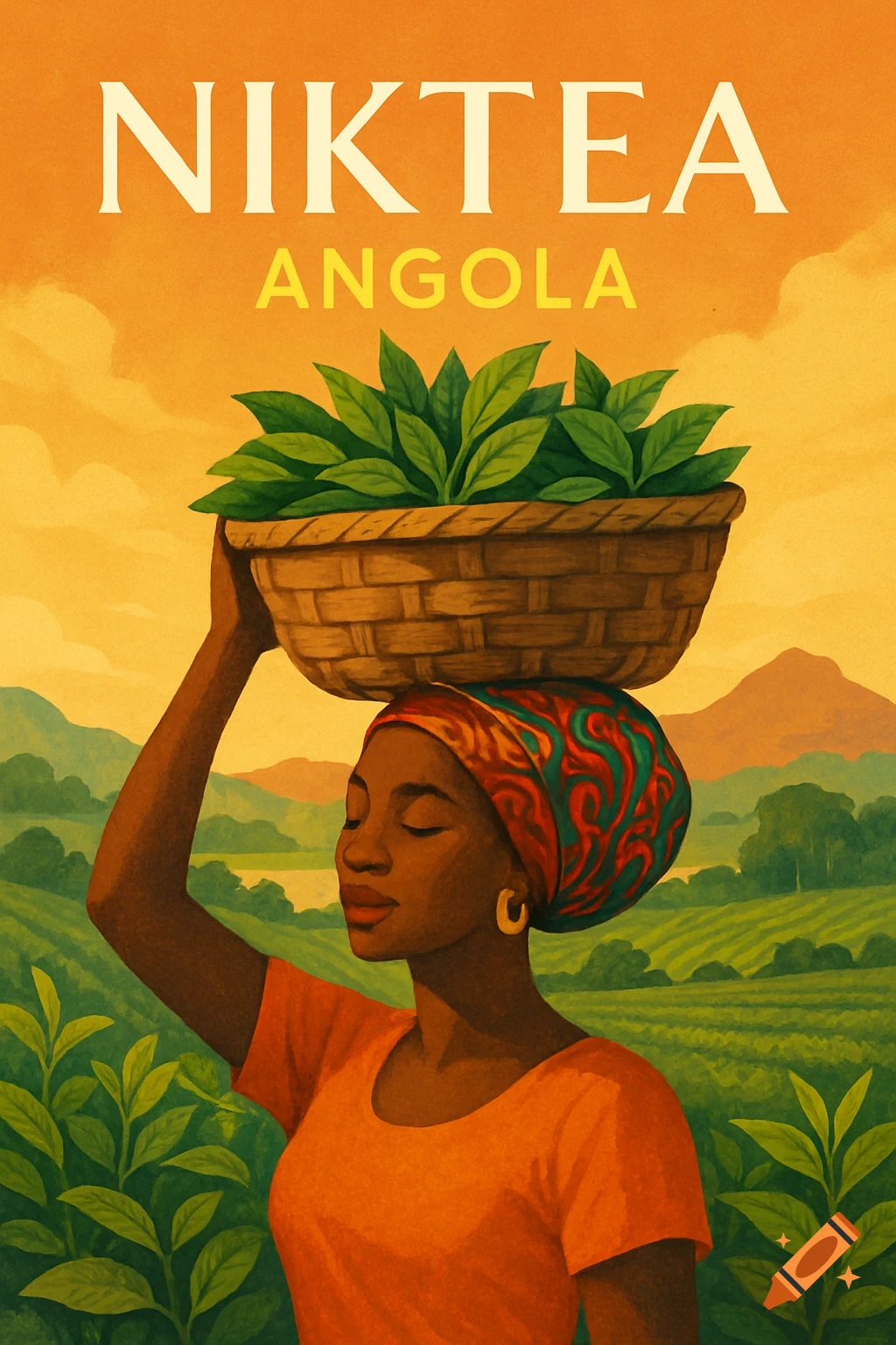 Stylized illustration of a woman in traditional headwear carrying a basket of tea leaves on her head in a tea field. Text reads 'NIKTEA ANGOLA'.