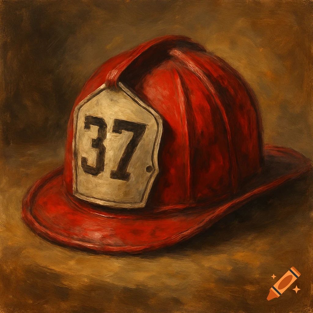 An oil painting of a red firefighter helmet with the number 37 on its front plate.