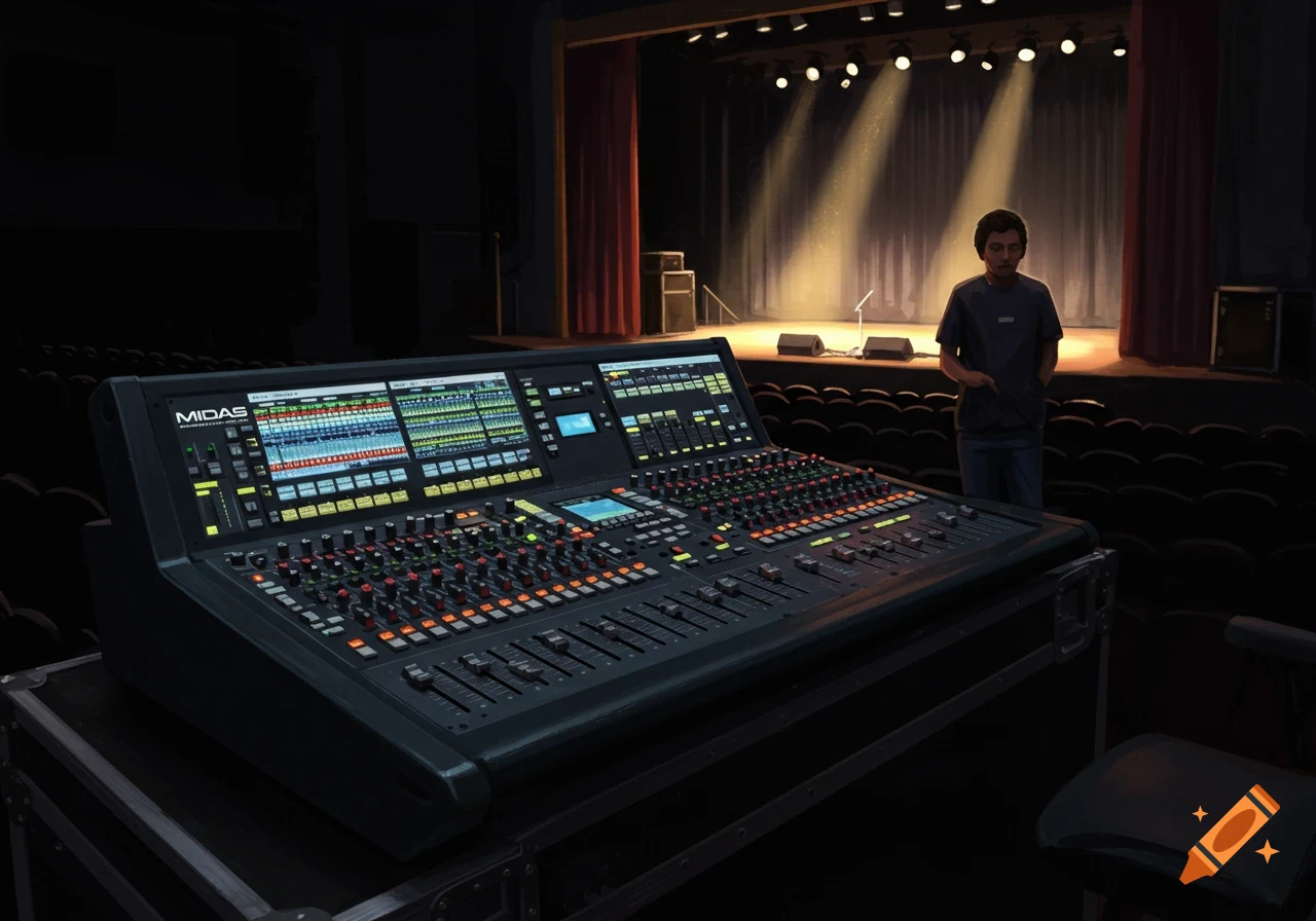 A large Midas sound mixing console dominates the foreground of a dark theater, with a crew member standing on a dimly lit stage in the background.