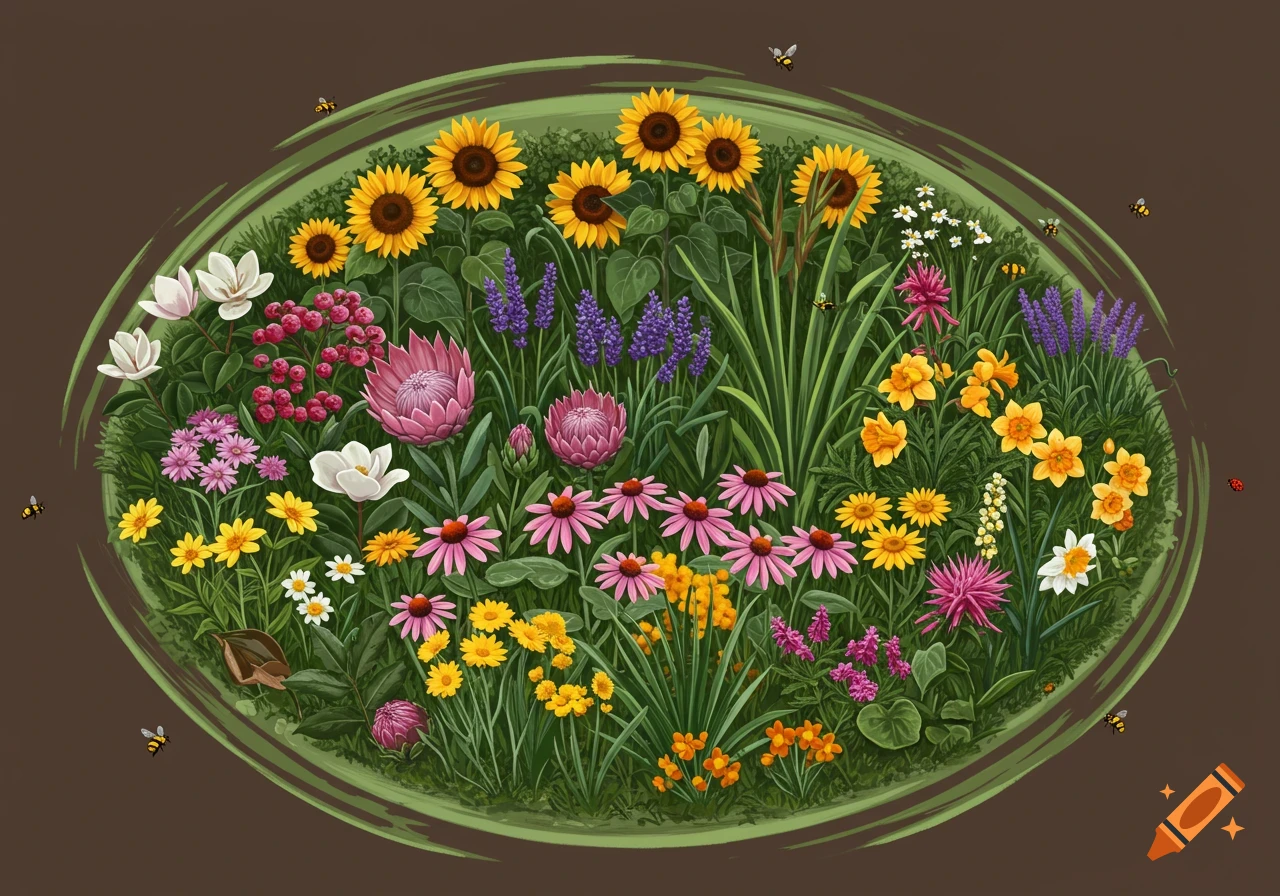A vibrant, diverse garden filled with sunflowers, lavender, proteas, and various wildflowers, encircled by green brushstrokes. Bees and a ladybug are visible.