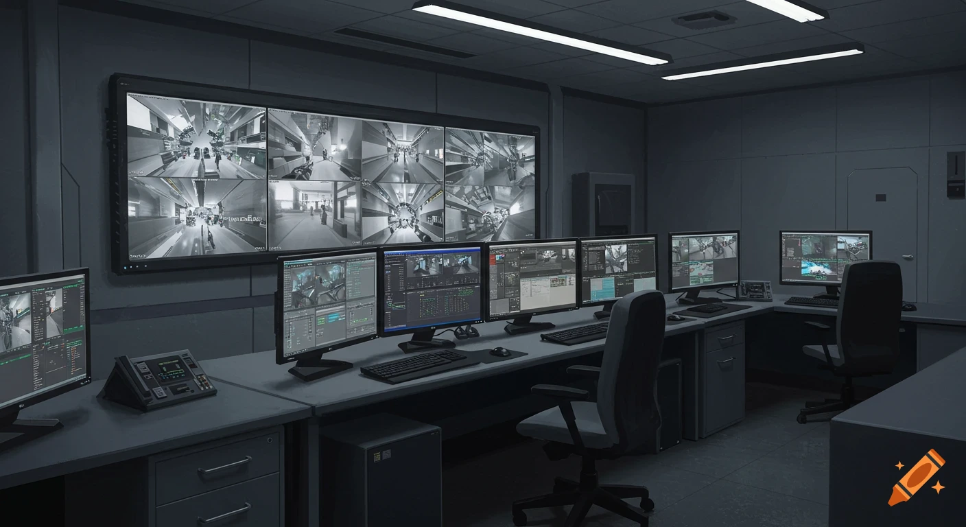 A dark security control room with many monitors displaying footage and data.