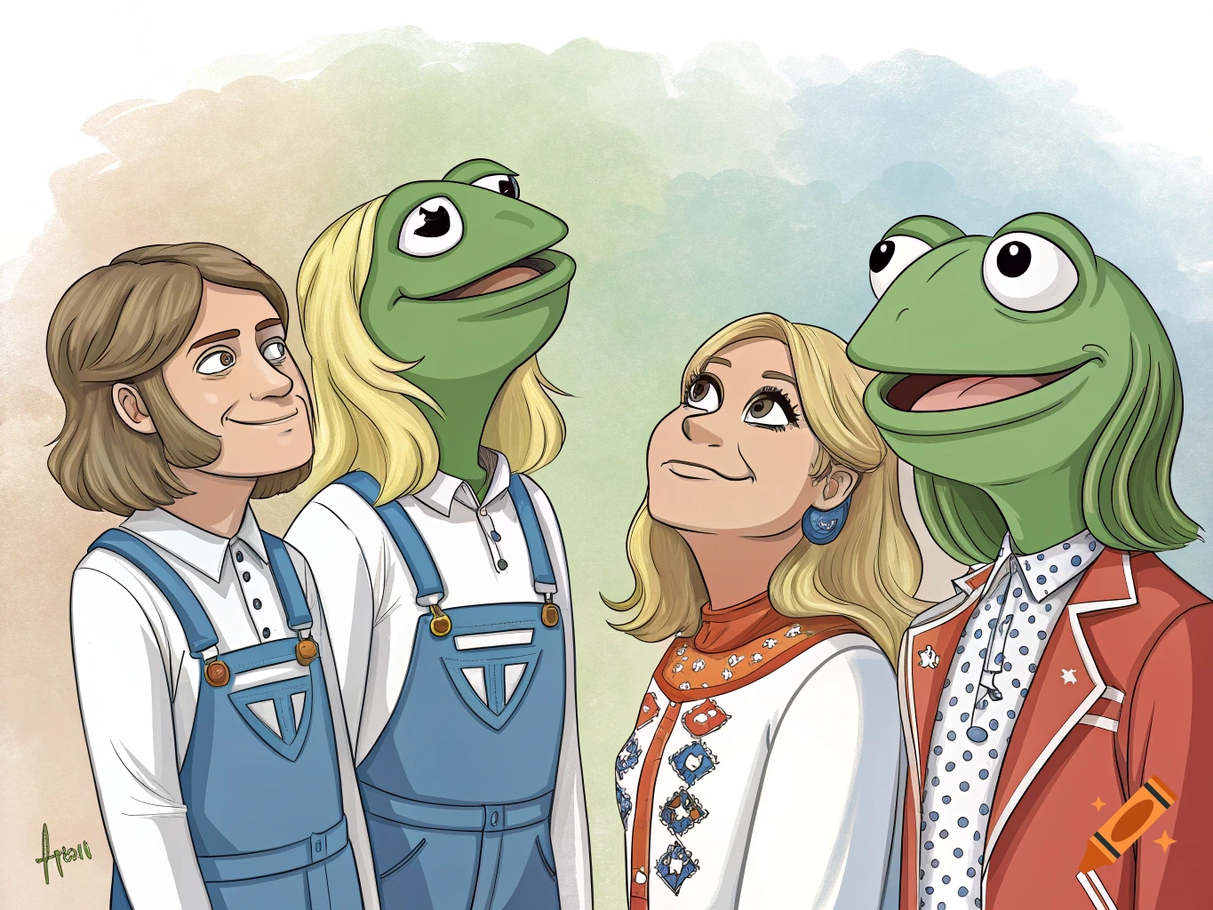 Illustration of two humans and two frog-headed figures looking up
