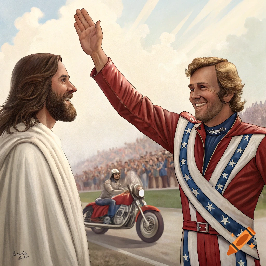 Jesus and Evel Knievel high-five in a stadium with a crowd and a motorcycle.